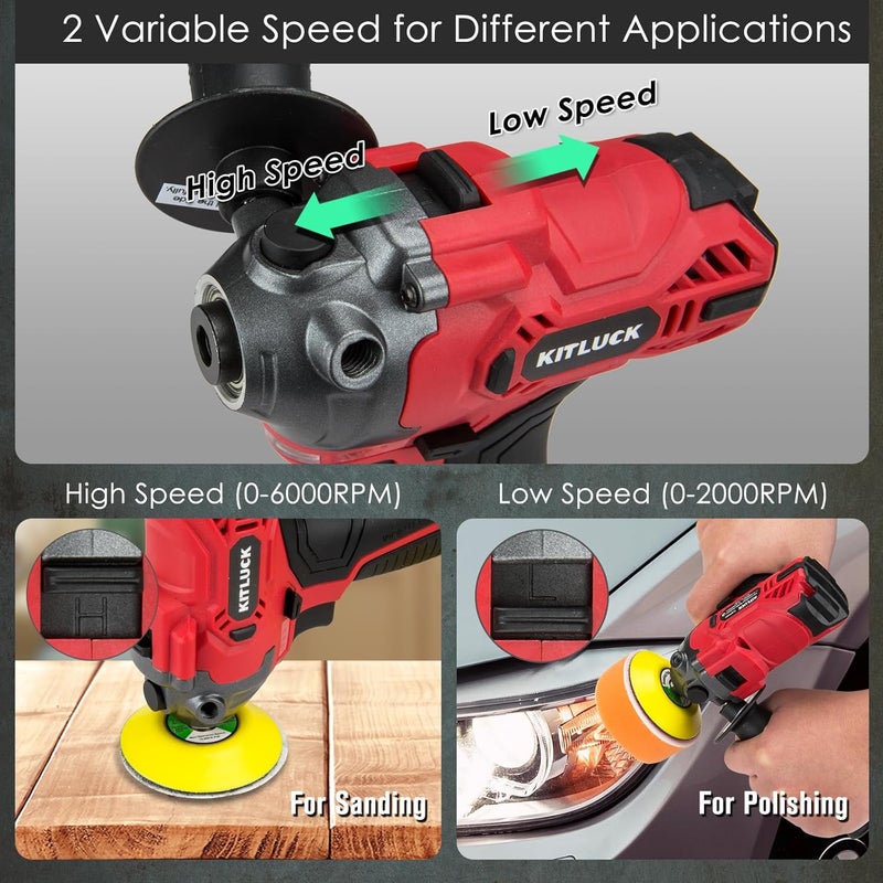 KITLUCK Cordless Buffer Polisher, 12V Mini Wax Buffer & Sander with 2 X 2.5Ah Battery & Charger, 1/2/3" Backing Plate, 40pcs Polishing Pads, Variable Speed for Car Detailing/Buffing/Sanding/Waxing - Image 3